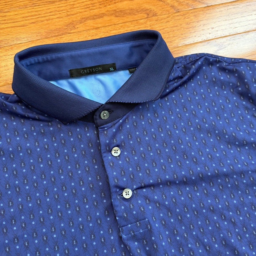 Greyson‎ Golf Performance Polo Shirt Mens XL Blue Beetle Bug Insect Print AOP